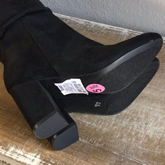 NWT black thigh length suede look chunky heel boots Size 5 1/2 - Picture 5 of 12